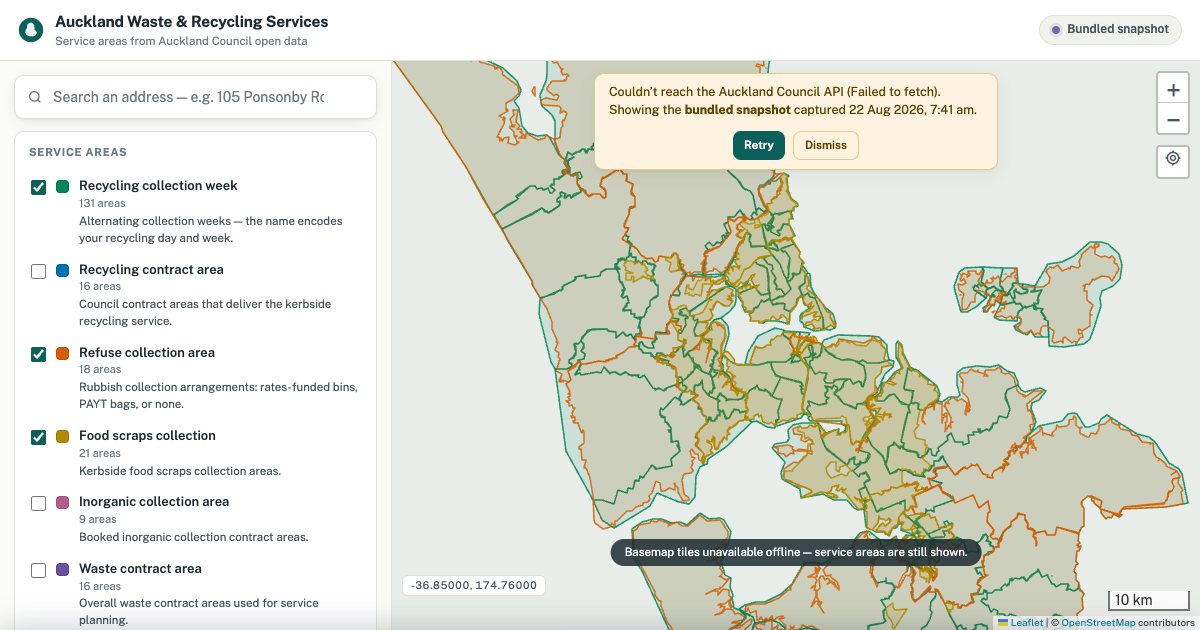 Screenshot of the Auckland Waste Recycling demo